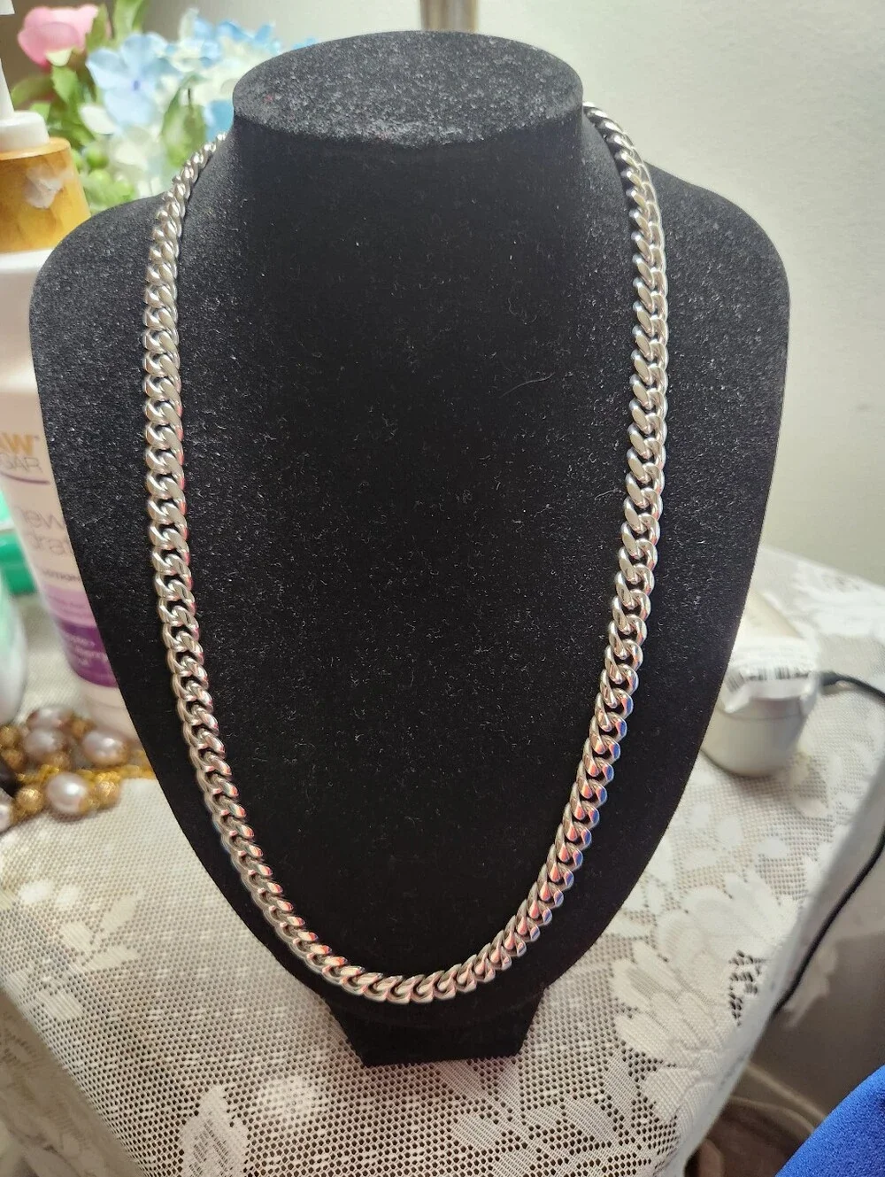 Classic Cuban Link Chain Necklace 14K White Gold Finish/Stainless Steel